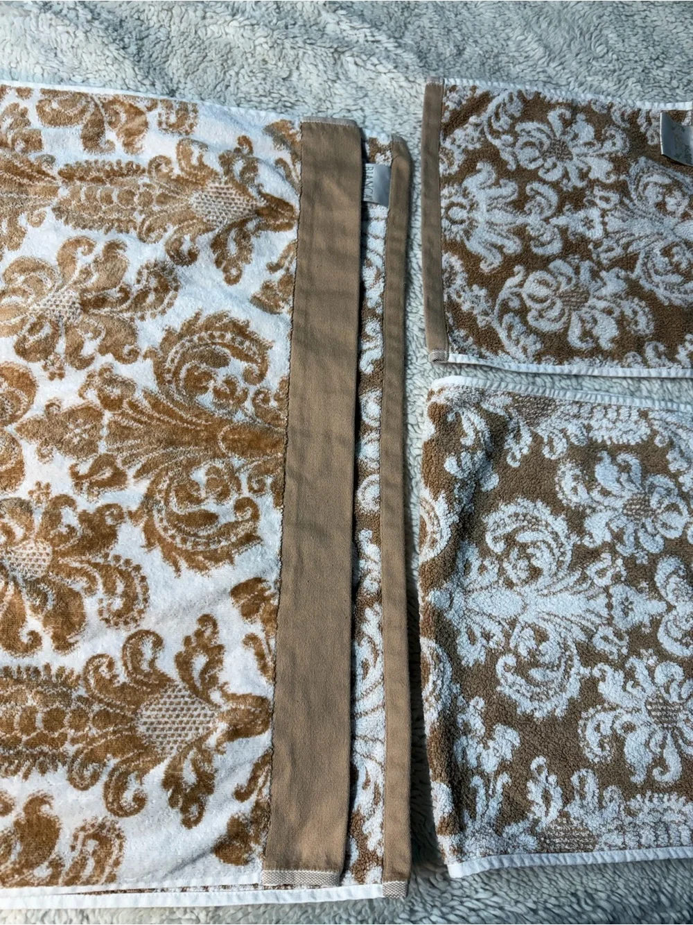 Bianca Exclusive 100% Cotton 3 piece Damask Pattern Towel Set in Beige and White